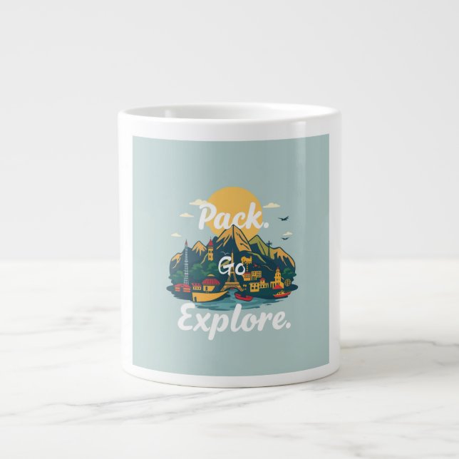 Taza De Café Gigante "Pack, Go, Explore" - Mug de tema de viaje (Frente)