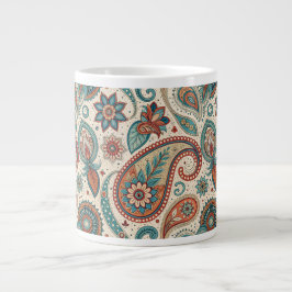 Taza De Café Gigante Paisley vintage en crema Verde azulada roja