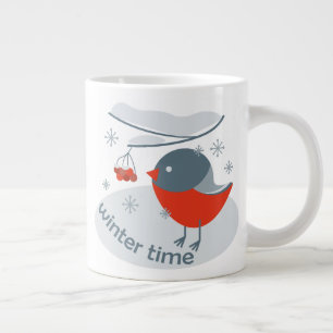 Taza De Café Gigante Pájaro bullfinch de invierno y bayas rojas