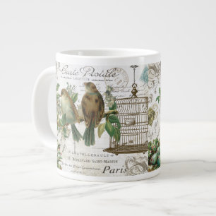 Taza De Café Gigante Pájaros franceses y birdcage del vintage moderno