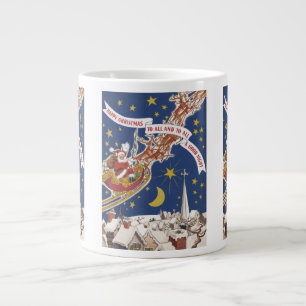 Taza De Café Gigante Papá Noel Vintage de Navidad con reno volador
