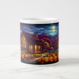 Taza De Café Gigante Parche de Calabazas Iluminado por la Luna y Cabaña