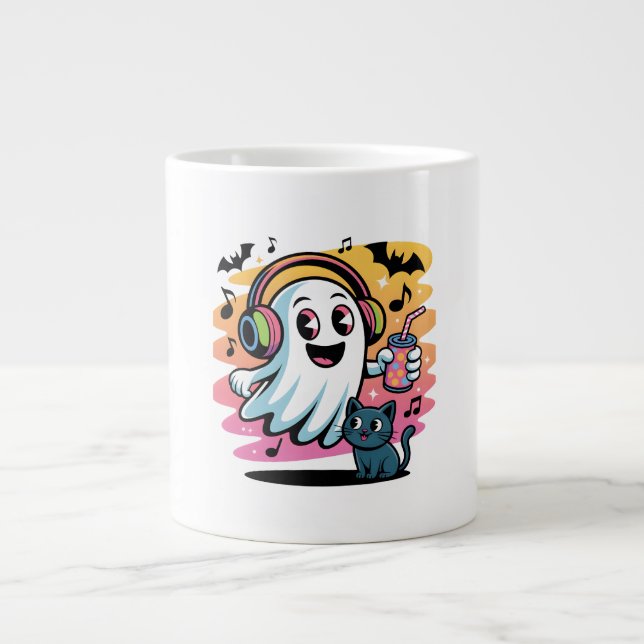 Taza De Café Gigante Party Ghost with Cat Cute Halloween Cartoon  (Frente)