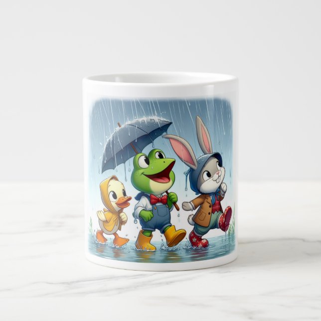 Taza De Café Gigante Pato lindo, rana, conejito bajo la lluvia (Frente)