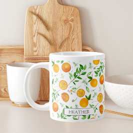 Taza De Café Gigante Patrón botánico floral de cítrico naranja de veran