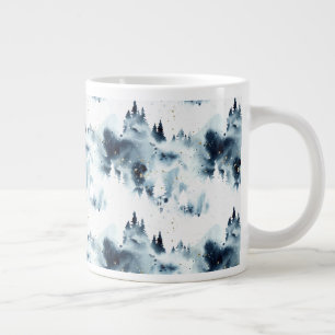 Taza De Café Gigante Patrón de acuarela del bosque azul de medianoche