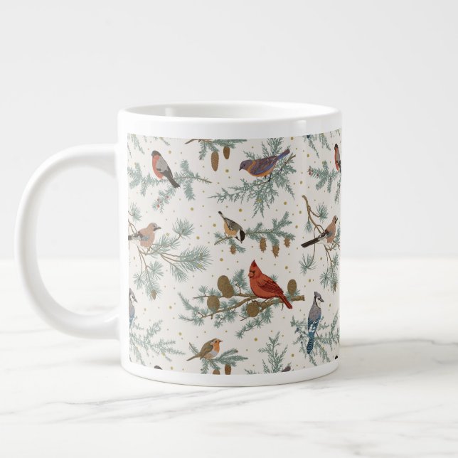 Taza De Café Gigante Patrón de aves de invierno y ramas de pino (Izquierda)