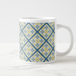 Taza De Café Gigante Patrón de azulejos azules y amarillos en portugués