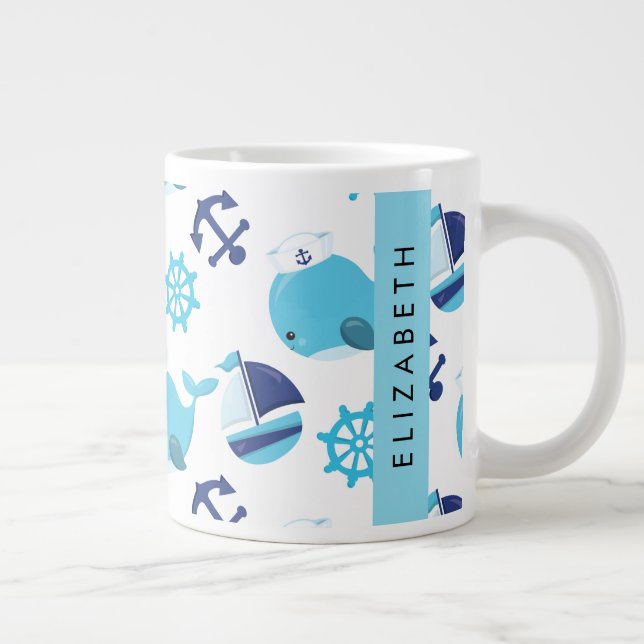 Taza De Café Gigante Patrón de ballenas, ballenas azules, tu nombre (Derecha)