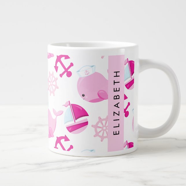 Taza De Café Gigante Patrón de ballenas, ballenas rosadas, tu nombre (Derecha)