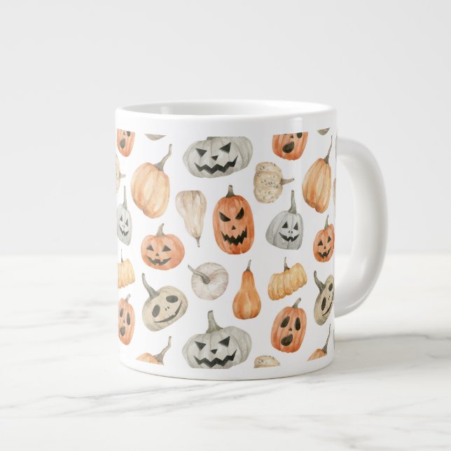 Taza De Café Gigante Patrón de calabaza de acuarela divertida (Derecha)
