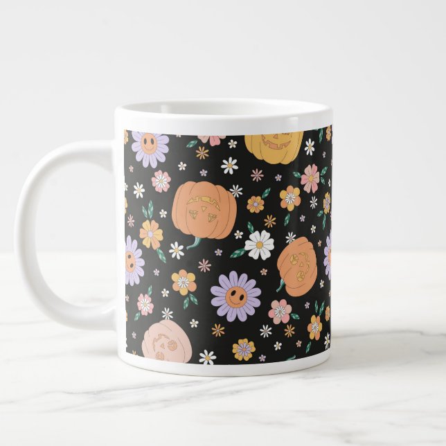 Taza De Café Gigante Patrón de calabazas y flores de Halloween retro (Izquierda)