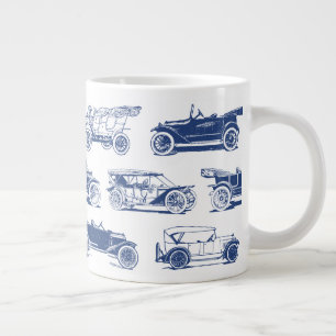 Taza De Café Gigante Patrón de coche de época azul blanco