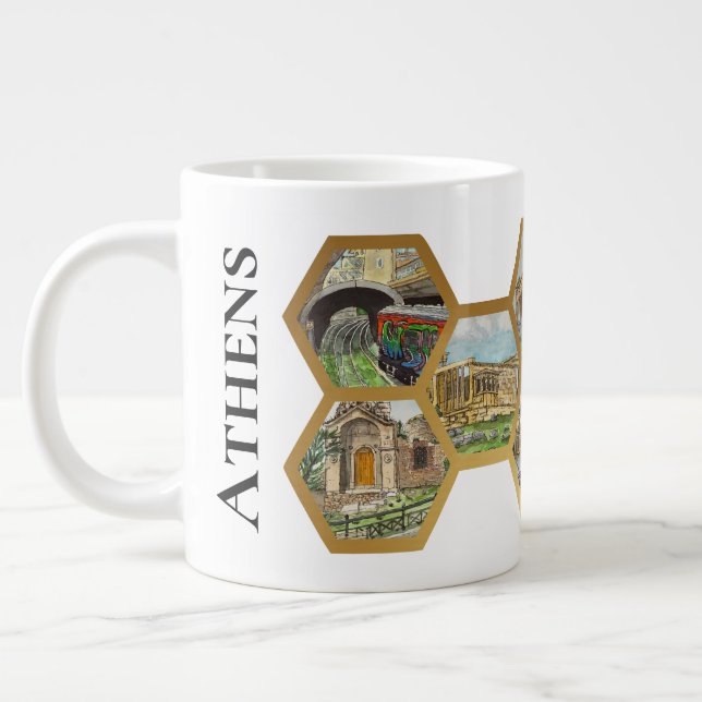 Taza De Café Gigante Patrón de Collage de Honeycomb, monumentos de Aten (Izquierda)
