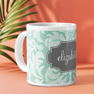Taza De Café Gigante Patrón de damasco de menta y gris con nombre perso