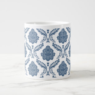 Taza De Café Gigante Patrón de Damasco Rococó Azul sobre Blanco