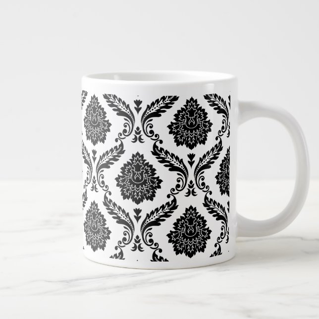 Taza De Café Gigante Patrón de damasco rococó negro sobre blanco (Derecha)