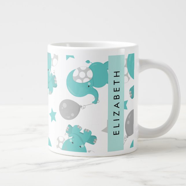 Taza De Café Gigante Patrón De Elefantes Azules, Estrellas, Tu Nombre (Derecha)