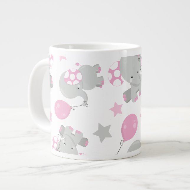Taza De Café Gigante Patrón de Elefantes, Elefantes Cutos - Gris Rosa (Izquierda)