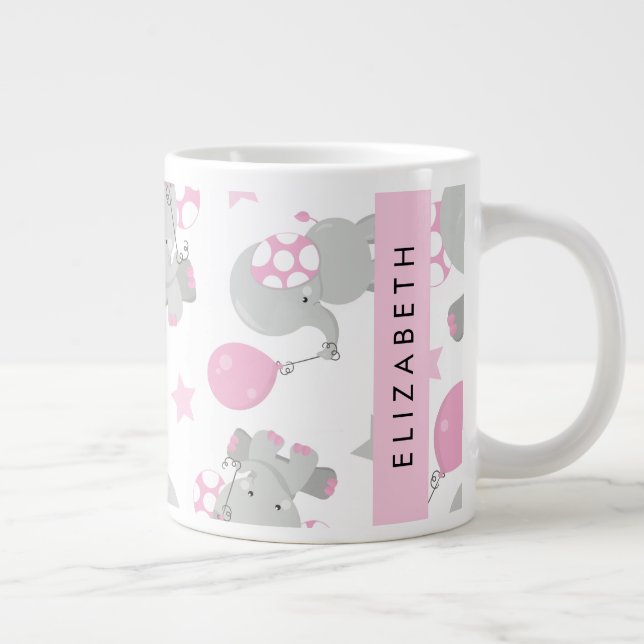 Taza De Café Gigante Patrón De Elefantes, Elefantes Cutos, Tu Nombre (Derecha)