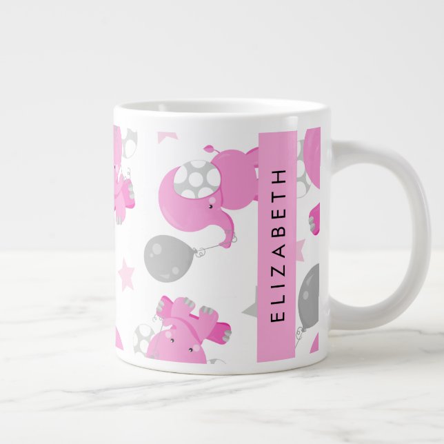 Taza De Café Gigante Patrón De Elefantes Rosa, Estrellas, Tu Nombre (Derecha)