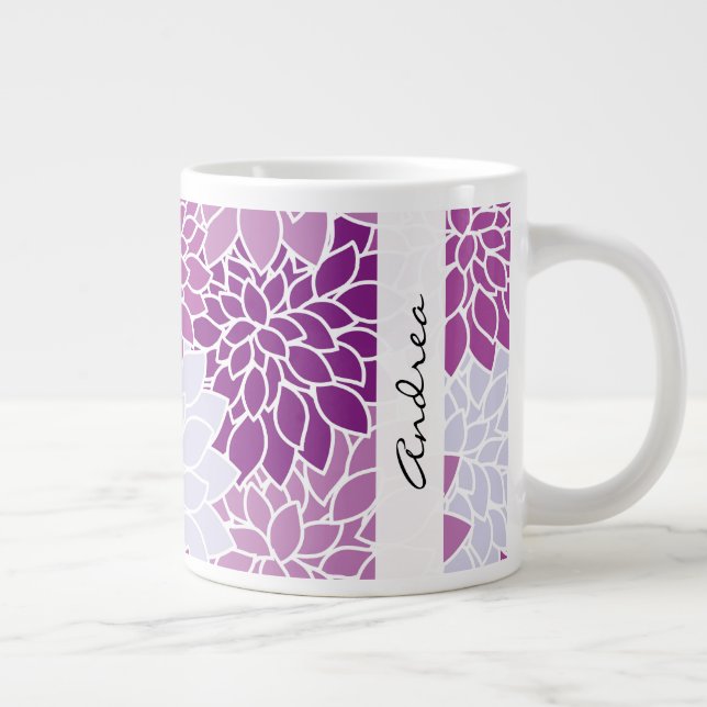 Taza De Café Gigante Patrón De Flores, Dahlia Púrpura, Tu Nombre (Derecha)