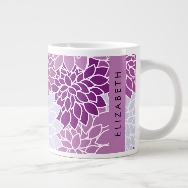 Taza De Café Gigante Patrón De Flores, Dahlia Púrpura, Tu Nombre (Derecha)