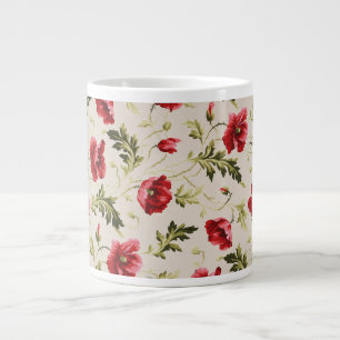 Taza De Café Gigante Patrón de flores de amapolas rojas brillantes vint