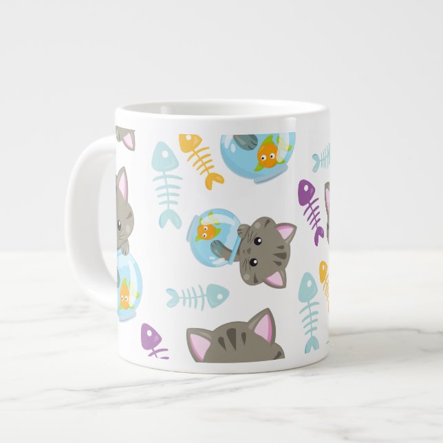 Taza De Café Gigante Patrón de gatos, gatos, gatitos, peces (Izquierda)