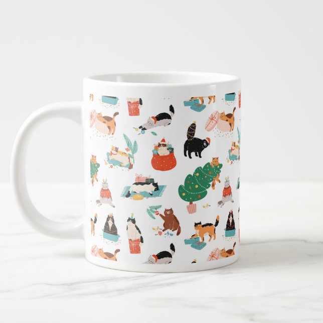 Taza De Café Gigante Patrón de gatos y árboles de Navidad juguetones (Izquierda)