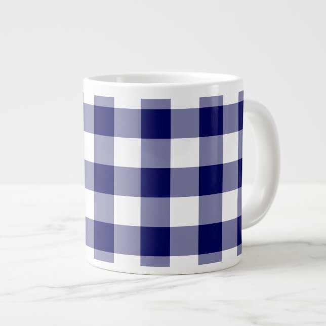 Taza De Café Gigante Patrón de Gingham blanco y naval (Derecha)