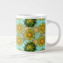 Taza De Café Gigante Patrón de girasoles amarillos con follaje y brotes