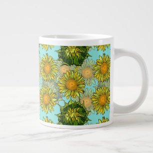 Taza De Café Gigante Patrón de girasoles amarillos con follaje y brotes