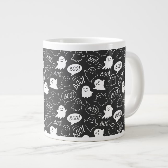 Taza De Café Gigante Patrón de Halloween de Doodle Cute de B&W (Derecha)