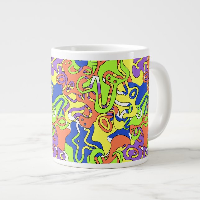 Taza De Café Gigante Patrón de laberinto de garabatos neón abstracto (Derecha)