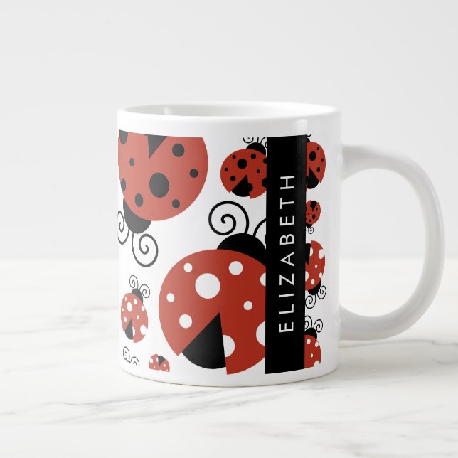 Taza De Café Gigante Patrón de Ladybugs, Ladybugs Rojos, Tu Nombre (Derecha)