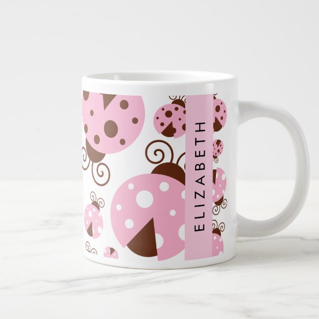 Taza De Café Gigante Patrón De Ladybugs, Ladybugs Rosados, Su Nombre (Derecha)