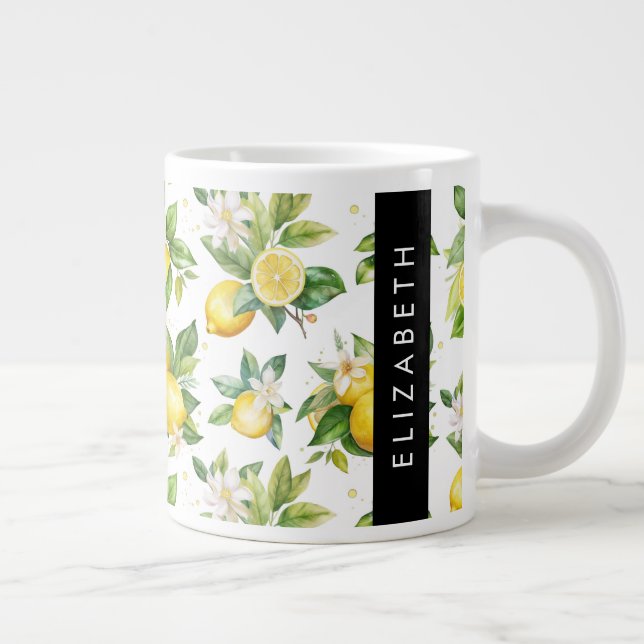 Taza De Café Gigante Patrón de limón, flores de limón, hojas, tu nombre (Derecha)