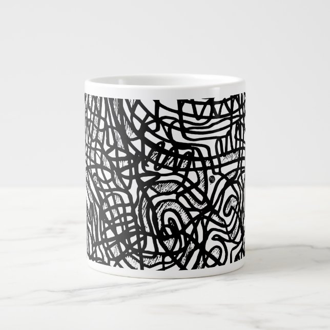 Taza De Café Gigante Patrón de líneas blancas y negras abstractas (Frente)