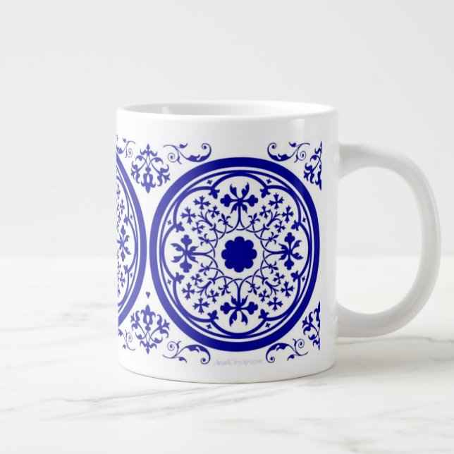 Taza De Café Gigante Patrón de mosaico gótico azul blanco (Derecha)