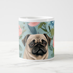 Taza De Café Gigante Patrón de Pug Floral Vintage, Perro Botánico Lindo