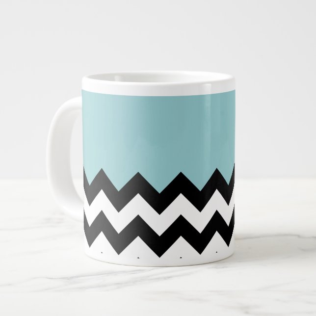Taza De Café Gigante Patrón de zigzag negro y blanco, chevron, azul (Izquierda)