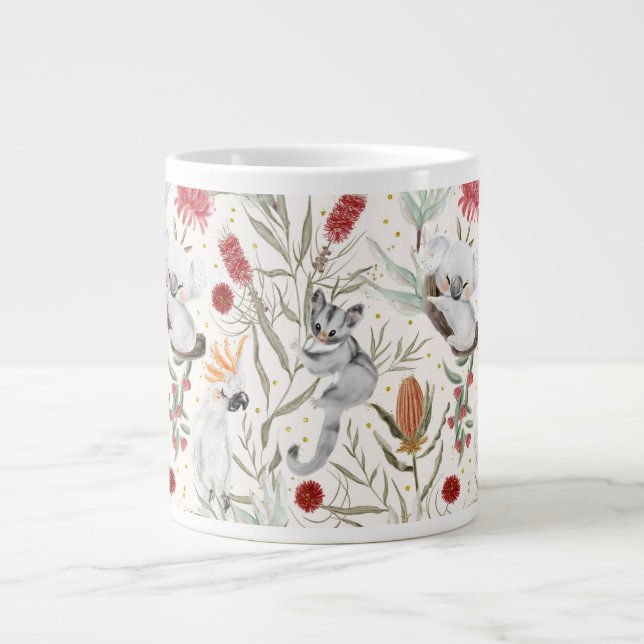 Taza De Café Gigante Patrón floral australiano Koalas Possume Cockatoos (Frente)