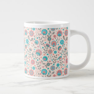Taza De Café Gigante Patrón floral de arte folclórico Verde azulado y