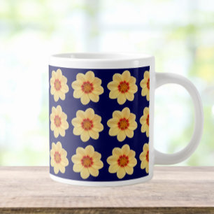 Taza De Café Gigante Patrón floral de Dahlia amarillo en azul