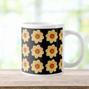 Taza De Café Gigante Patrón floral de Dahlia amarillo en negro