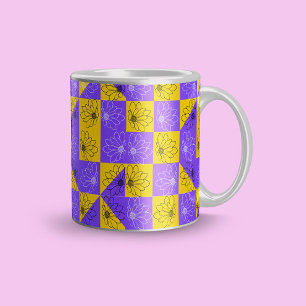 Taza De Café Gigante Patrón floral de tablero de ajedrez moderno púrpur