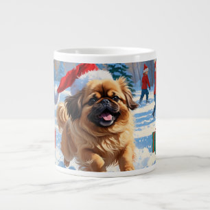 Taza De Café Gigante Perro Pequinés Corriendo en Nieve con Sombrero de