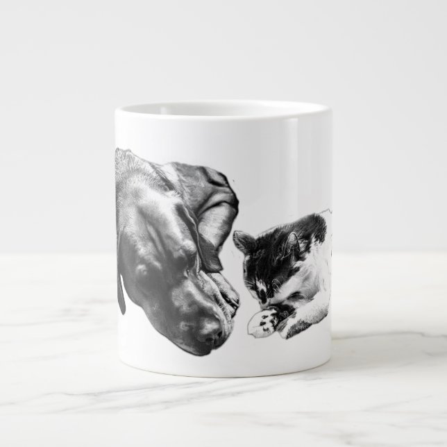 Taza De Café Gigante Perro y gato juntos Monocromo Art Mug (Frente)