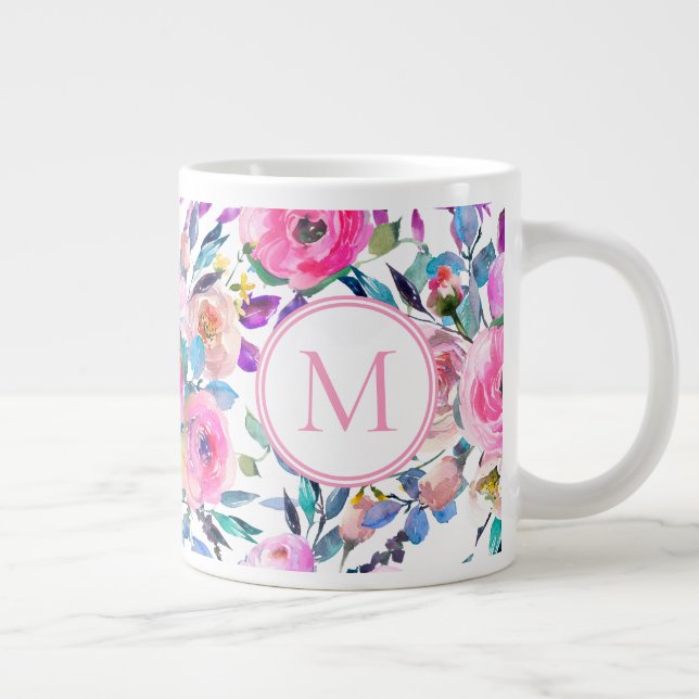 Taza De Café Gigante Personalizado Monograma Floral rosa (Derecha)
